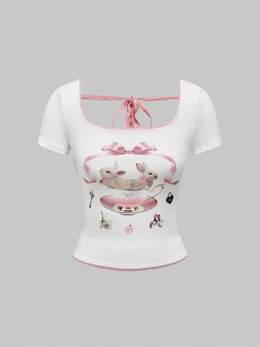 ROMWE Kawaii Camiseta ajustada de manga corta con cuello cuadrado y patrón de conejo Y2K para mujeres en moda de verano