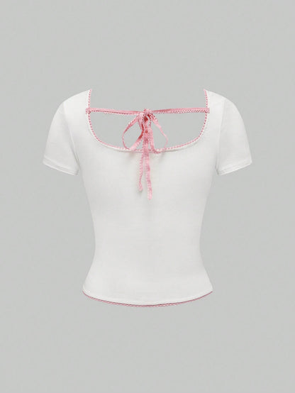 ROMWE Kawaii Camiseta ajustada de manga corta con cuello cuadrado y patrón de conejo Y2K para mujeres en moda de verano