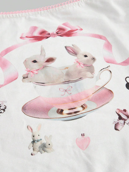 ROMWE Kawaii Camiseta ajustada de manga corta con cuello cuadrado y patrón de conejo Y2K para mujeres en moda de verano
