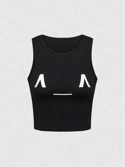 ROMWE Kawaii Camiseta ajustada femenina impresa con emoticono de estilo subcultural, versátil