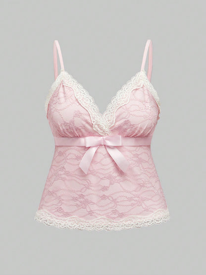 ROMWE Kawaii Camiseta camisola con lazo y encaje de San Valentín en tallas grandes para mujer