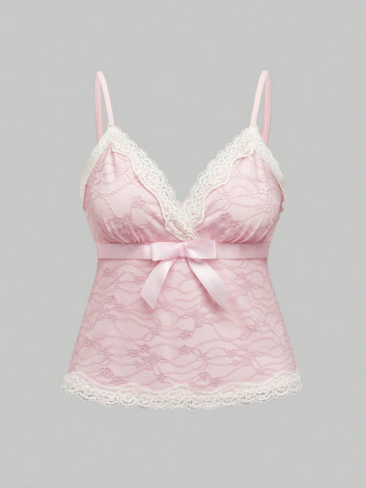 ROMWE Kawaii Camiseta camisola con lazo y encaje de San Valentín en tallas grandes para mujer