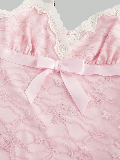 ROMWE Kawaii Camiseta camisola con lazo y encaje de San Valentín en tallas grandes para mujer