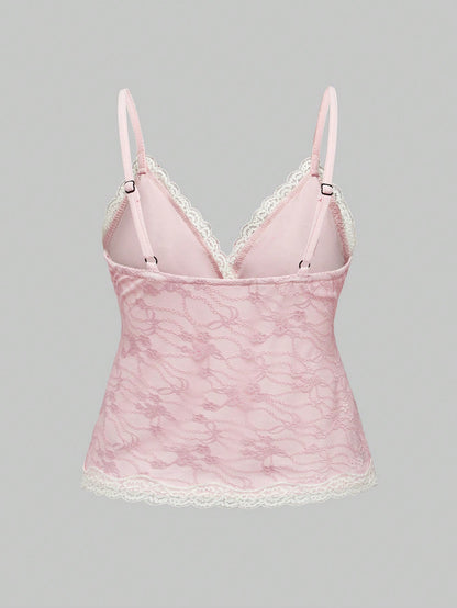 ROMWE Kawaii Camiseta camisola con lazo y encaje de San Valentín en tallas grandes para mujer