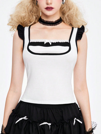 ROMWE Kawaii Camiseta casual de mujer de manga corta con cuello cuadrado decorado con lazo para el verano
