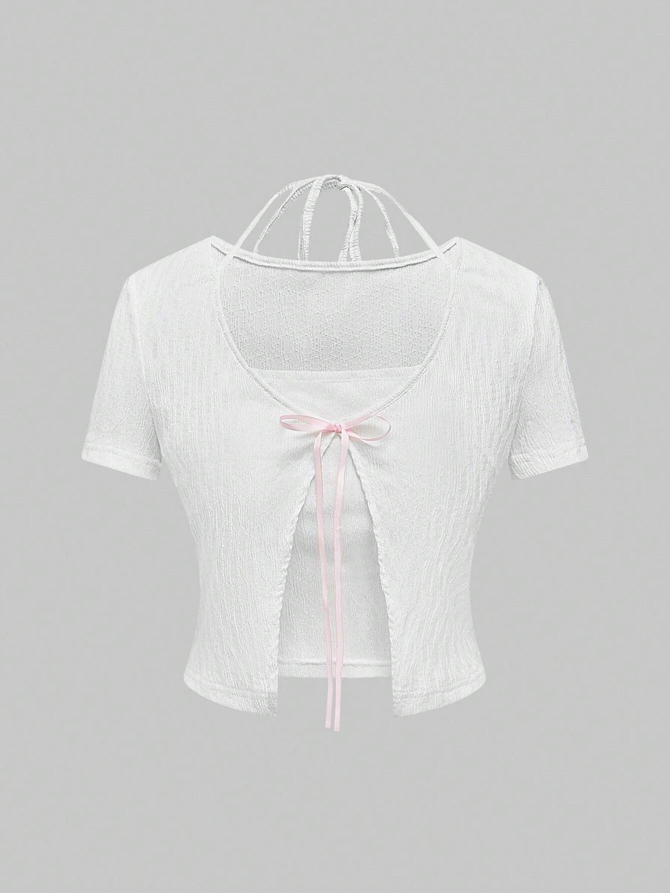 ROMWE Kawaii Camiseta con detalle de lazo con forma de corazón linda para mujeres