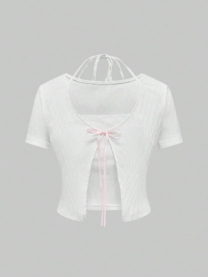 ROMWE Kawaii Camiseta con detalle de lazo con forma de corazón linda para mujeres