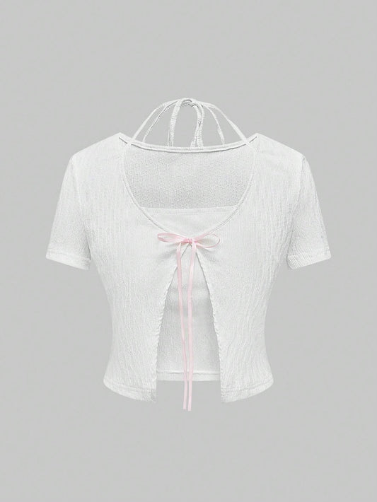 ROMWE Kawaii Camiseta con detalle de lazo con forma de corazón linda para mujeres