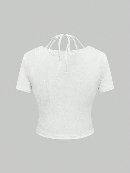 ROMWE Kawaii Camiseta con detalle de lazo con forma de corazón linda para mujeres