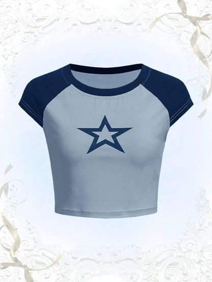 ROMWE Kawaii Camiseta con estampado de estrella de manga raglán