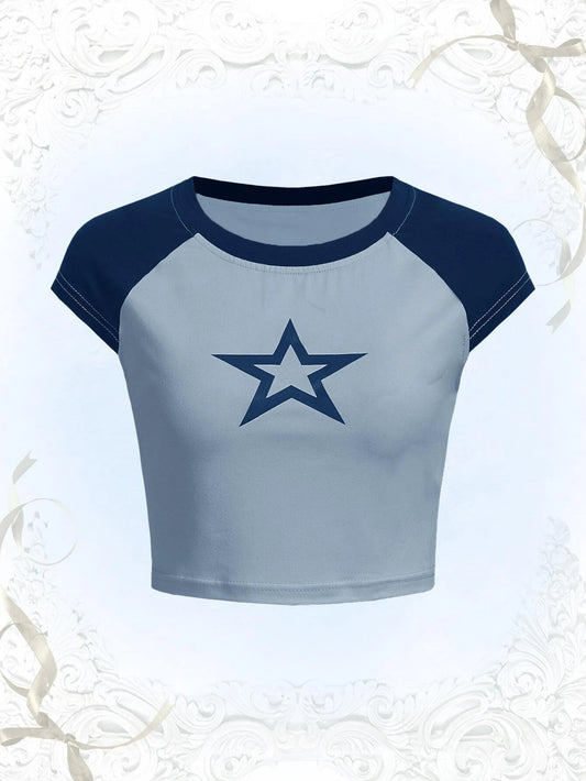 ROMWE Kawaii Camiseta con estampado de estrella de manga raglán