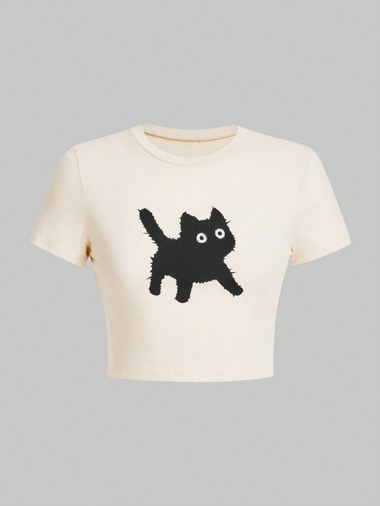 ROMWE Kawaii Camiseta corta de ajuste ceñido estilo "Himekaji" con gráfico impreso de gato negro, para la escuela