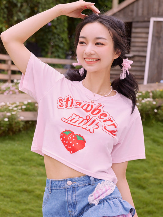 ROMWE Kawaii Camiseta corta holgada con cuello redondo, estampado de fresa y letras, para la escuela
