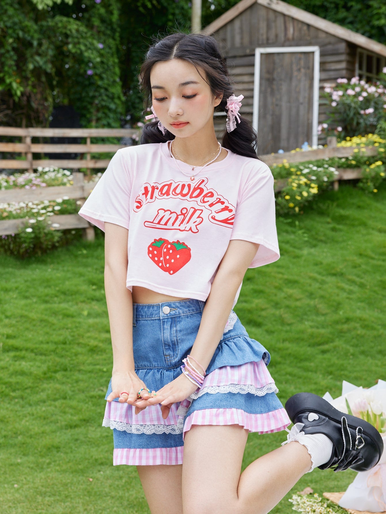 ROMWE Kawaii Camiseta corta holgada con cuello redondo, estampado de fresa y letras, para la escuela