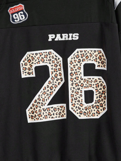 ROMWE Kawaii Camiseta de manga corta con estampado de estrella y números con estampado de leopardo con estilo Y2K