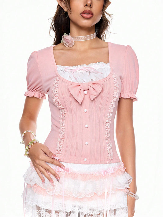 ROMWE Kawaii Camiseta de manga larga 2 en 1 con decoración de lazo dulce y lindo para mujer
