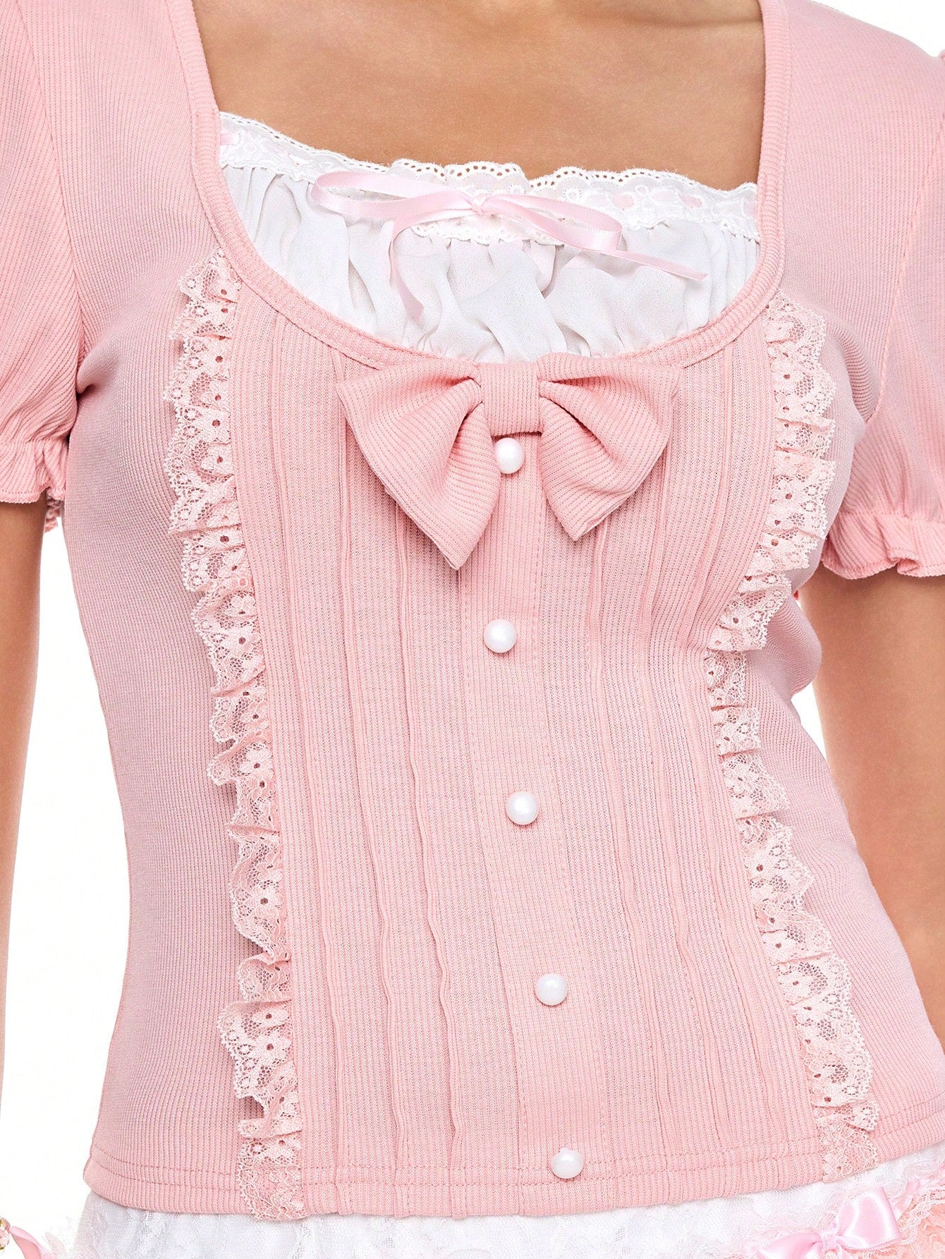 ROMWE Kawaii Camiseta de manga larga 2 en 1 con decoración de lazo dulce y lindo para mujer