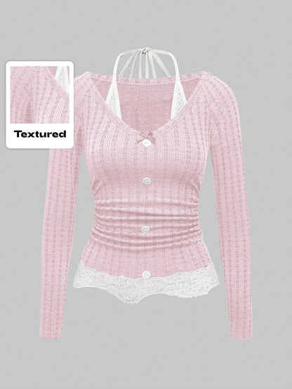 ROMWE Kawaii Camiseta de mujer ajustada con halter de encaje de contraste rosa en 2 en 1, estilo Himekaji