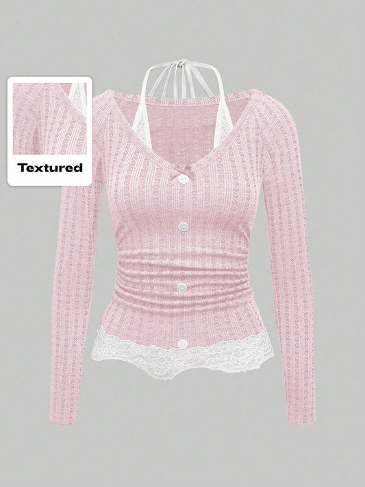 ROMWE Kawaii Camiseta de mujer ajustada con halter de encaje de contraste rosa en 2 en 1, estilo Himekaji