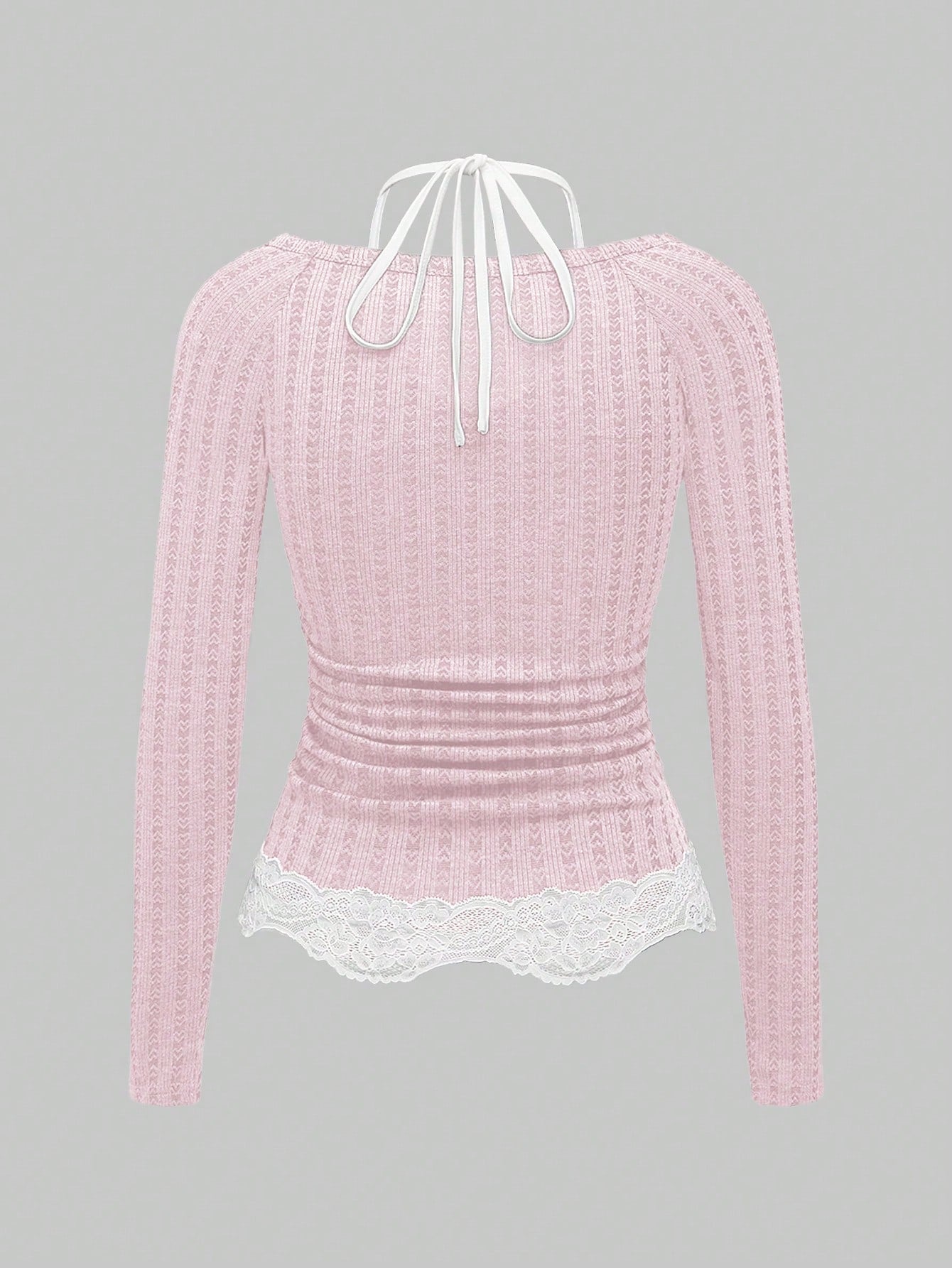 ROMWE Kawaii Camiseta de mujer ajustada con halter de encaje de contraste rosa en 2 en 1, estilo Himekaji