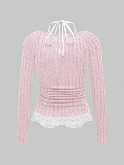 ROMWE Kawaii Camiseta de mujer ajustada con halter de encaje de contraste rosa en 2 en 1, estilo Himekaji