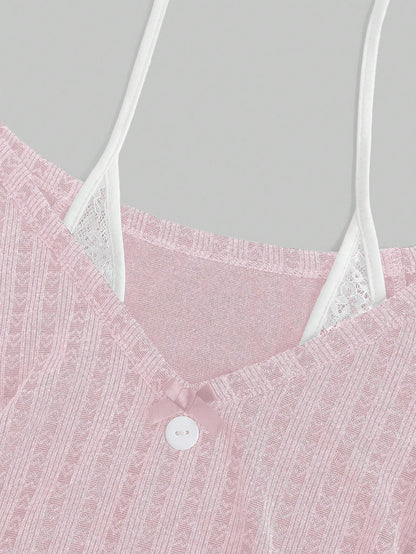 ROMWE Kawaii Camiseta de mujer ajustada con halter de encaje de contraste rosa en 2 en 1, estilo Himekaji