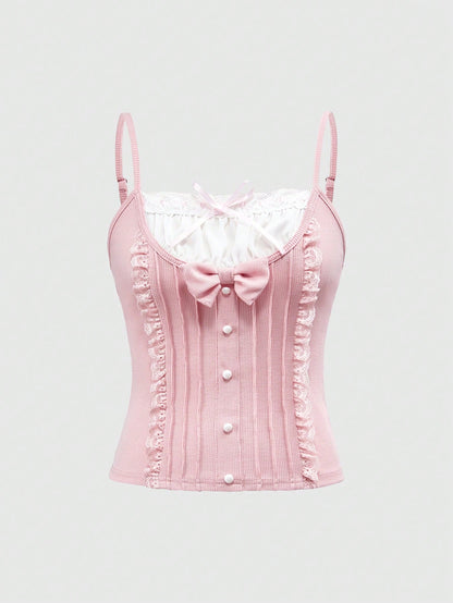 ROMWE Kawaii Camiseta de mujer con decoración de encaje y textura de tela dulce y linda