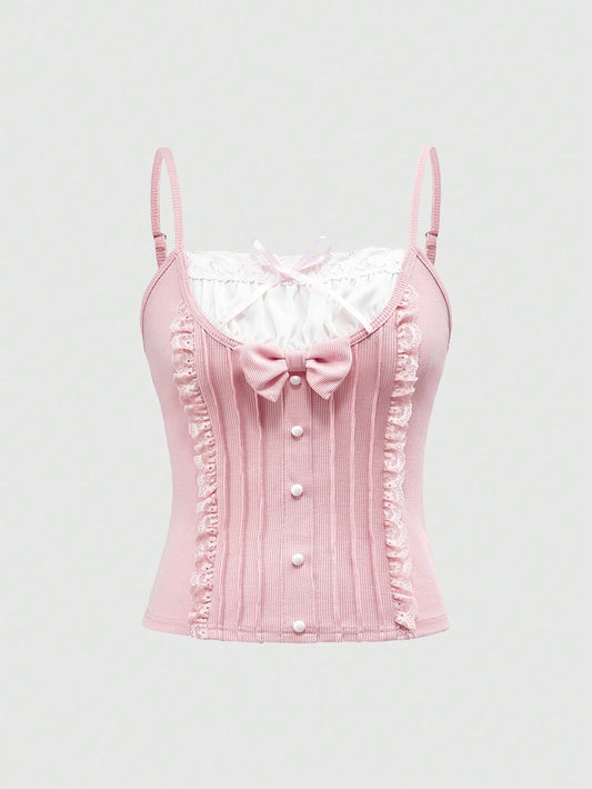 ROMWE Kawaii Camiseta de mujer con decoración de encaje y textura de tela dulce y linda