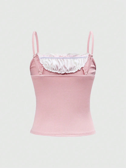 ROMWE Kawaii Camiseta de mujer con decoración de encaje y textura de tela dulce y linda