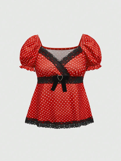 ROMWE Kawaii Camiseta de mujer tipo batín con mangas abullonadas, encaje y estampado de lunares adorable