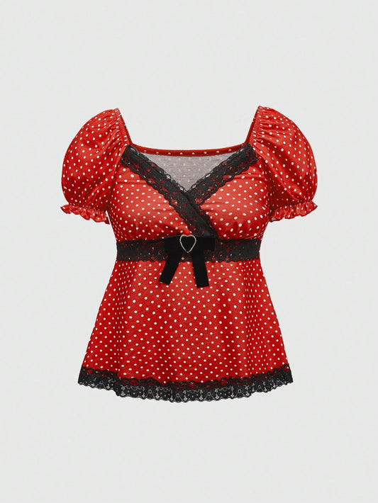 ROMWE Kawaii Camiseta de mujer tipo batín con mangas abullonadas, encaje y estampado de lunares adorable
