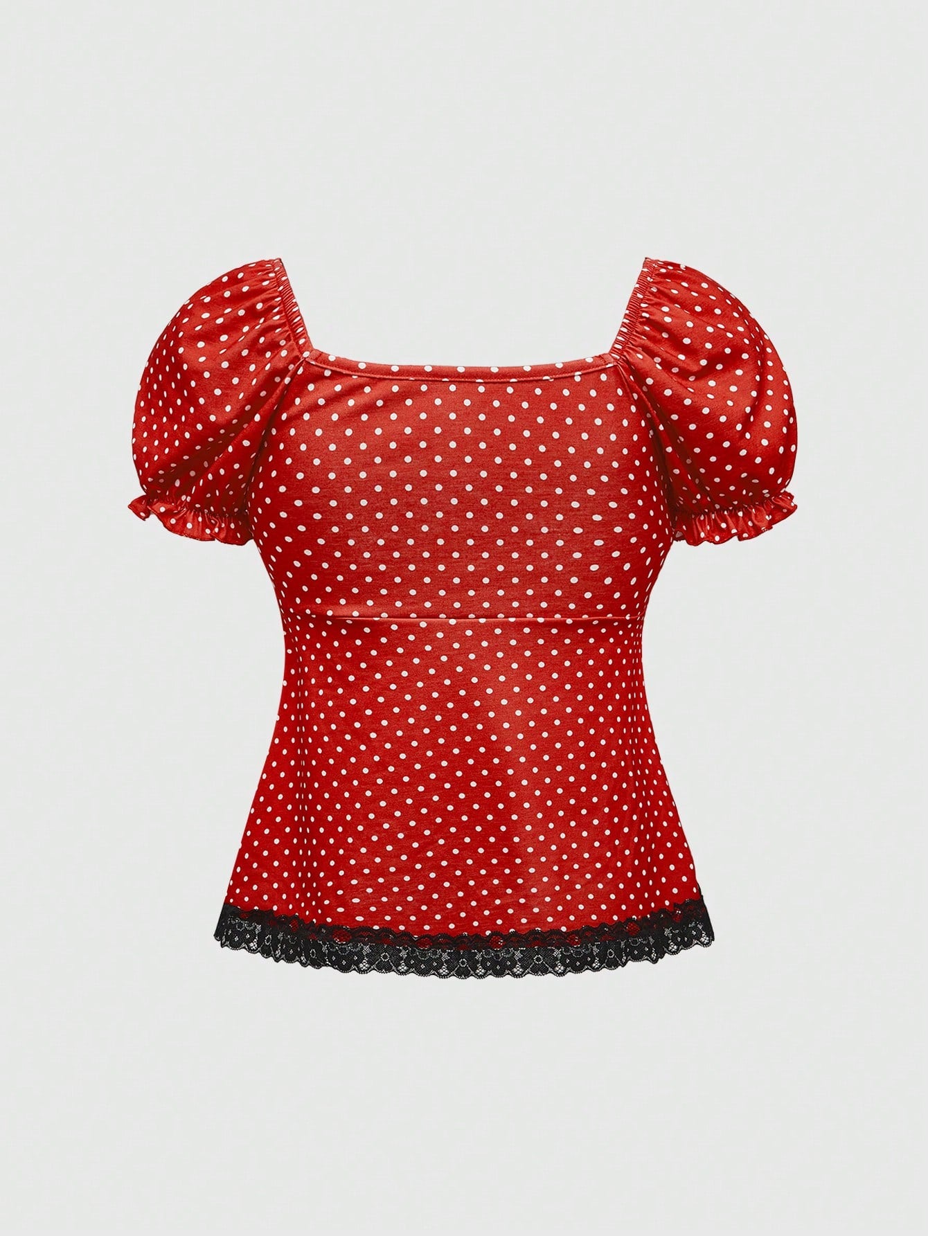 ROMWE Kawaii Camiseta de mujer tipo batín con mangas abullonadas, encaje y estampado de lunares adorable
