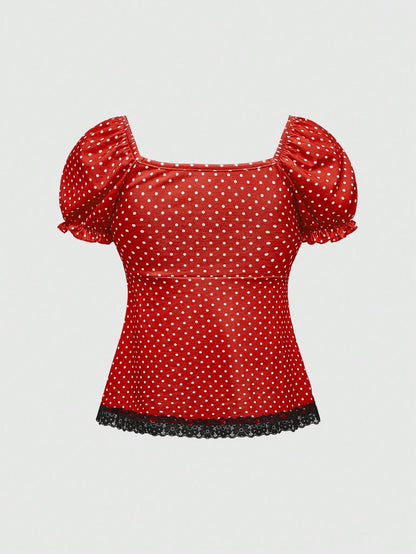 ROMWE Kawaii Camiseta de mujer tipo batín con mangas abullonadas, encaje y estampado de lunares adorable