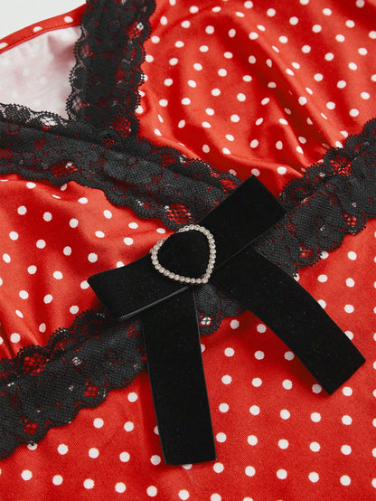 ROMWE Kawaii Camiseta de mujer tipo batín con mangas abullonadas, encaje y estampado de lunares adorable