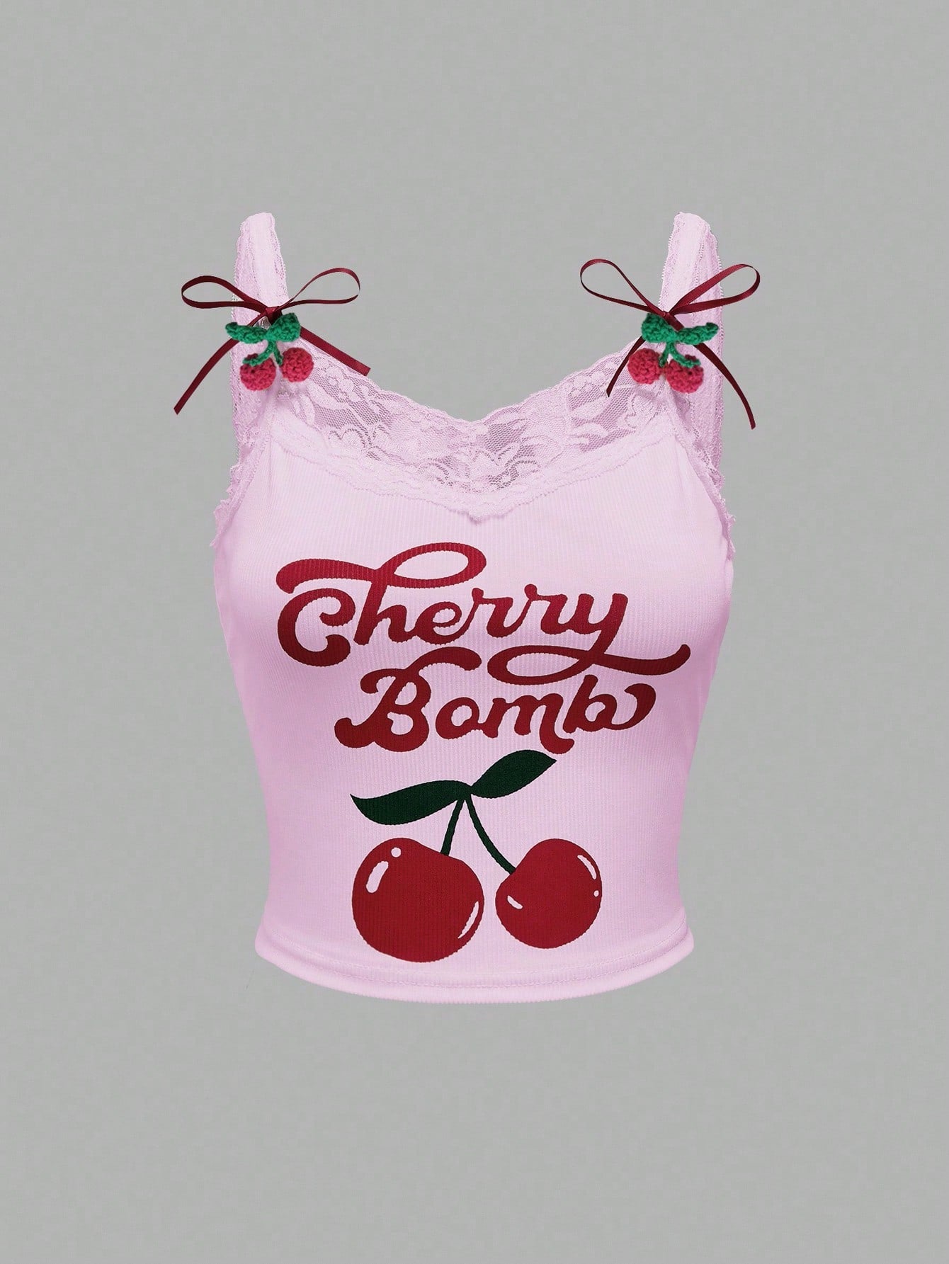 ROMWE Kawaii Camiseta de tirantes casual de mujer con estampado de cerezas y ribete de encaje