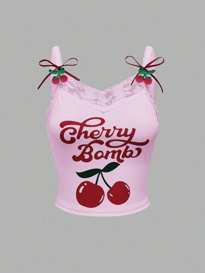 ROMWE Kawaii Camiseta de tirantes casual de mujer con estampado de cerezas y ribete de encaje