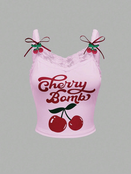 ROMWE Kawaii Camiseta de tirantes casual de mujer con estampado de cerezas y ribete de encaje