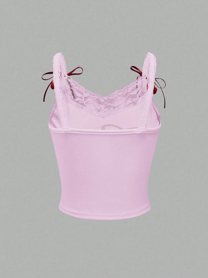 ROMWE Kawaii Camiseta de tirantes casual de mujer con estampado de cerezas y ribete de encaje