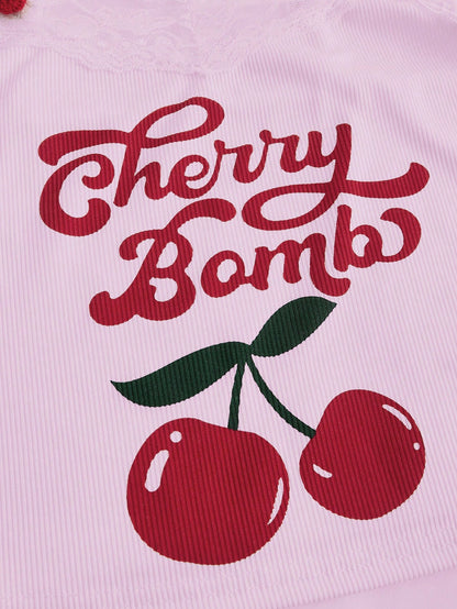 ROMWE Kawaii Camiseta de tirantes casual de mujer con estampado de cerezas y ribete de encaje