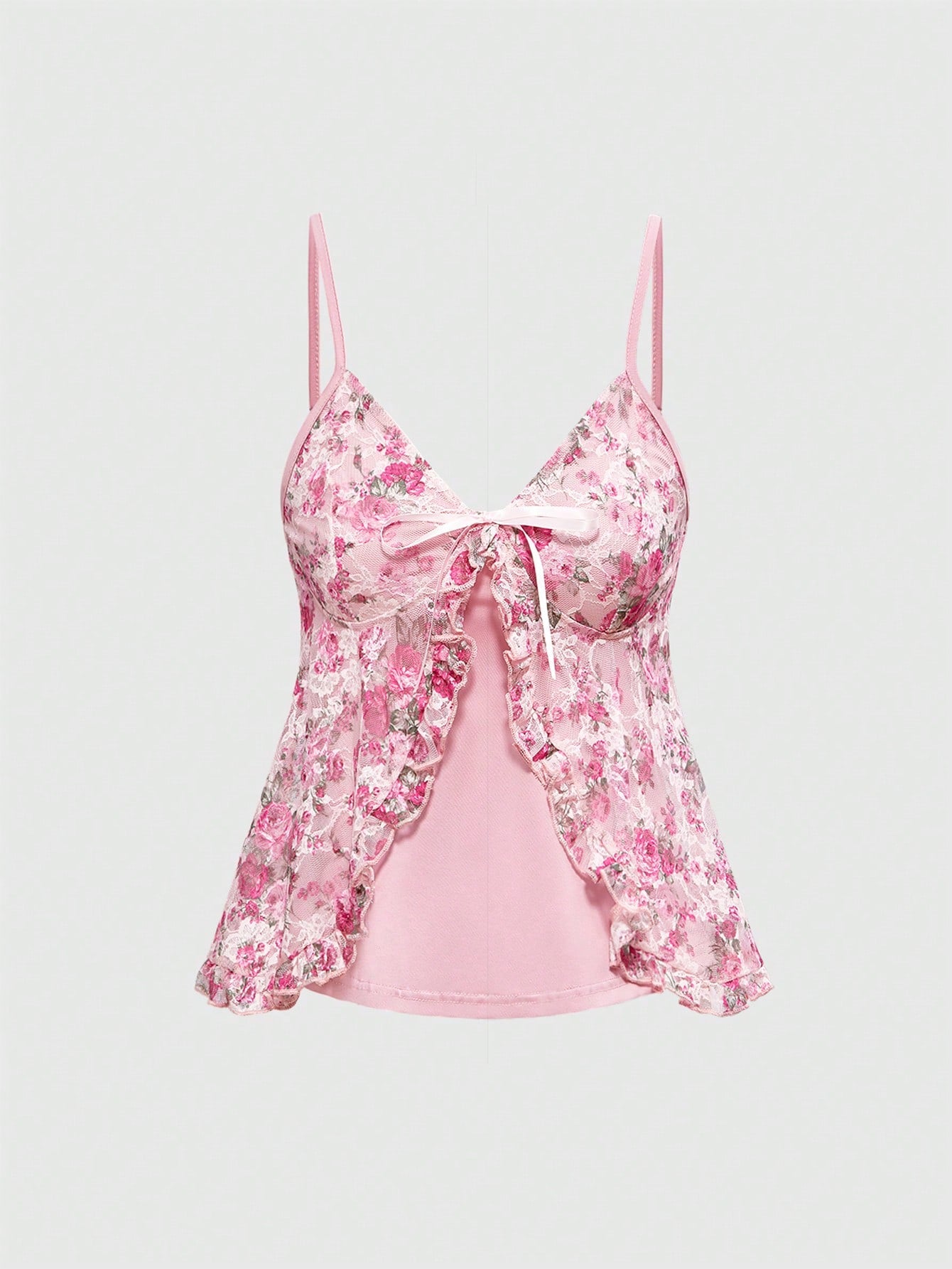 ROMWE Kawaii Camiseta de tirantes con espalda abierta con estampado floral y de encaje primaveral para mujer