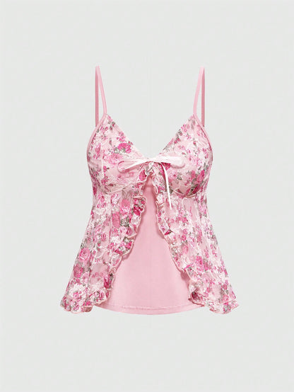 ROMWE Kawaii Camiseta de tirantes con espalda abierta con estampado floral y de encaje primaveral para mujer