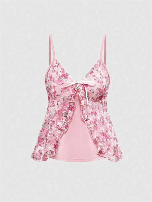 ROMWE Kawaii Camiseta de tirantes con espalda abierta con estampado floral y de encaje primaveral para mujer