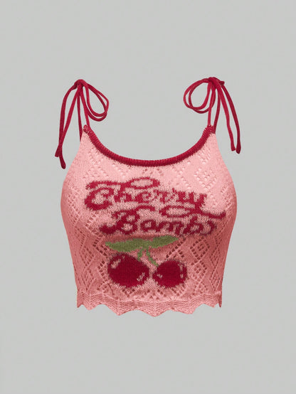 ROMWE Kawaii Camiseta de tirantes de punto con estampado de cerezas minimalista diario para mujer