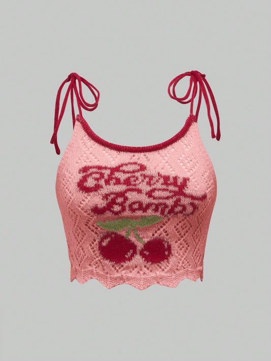 ROMWE Kawaii Camiseta de tirantes de punto con estampado de cerezas minimalista diario para mujer