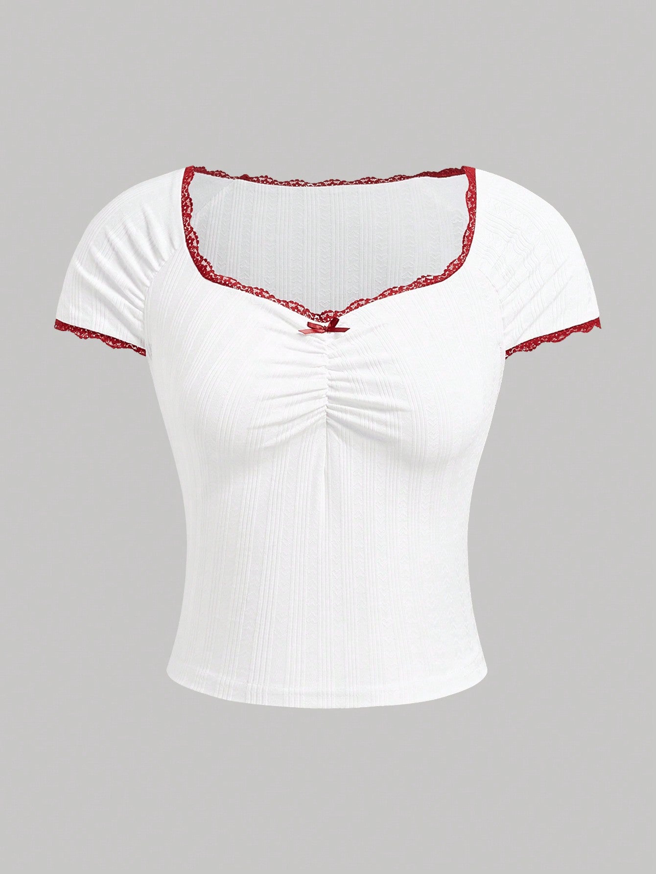ROMWE Kawaii Camiseta elástica para mujer de ajuste ceñido con forma de corazón, acabado con encaje y lazo, para ocio y escuela