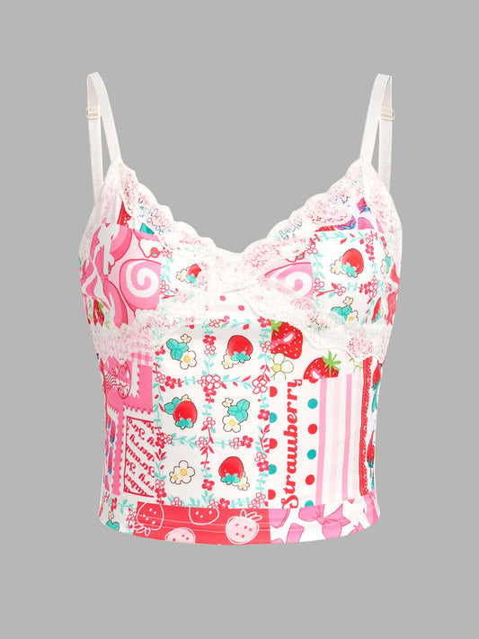 ROMWE Kawaii Camiseta estilo campestre con cuello en V, estampado de fresa, contraste de encaje, top lindo para la escuela