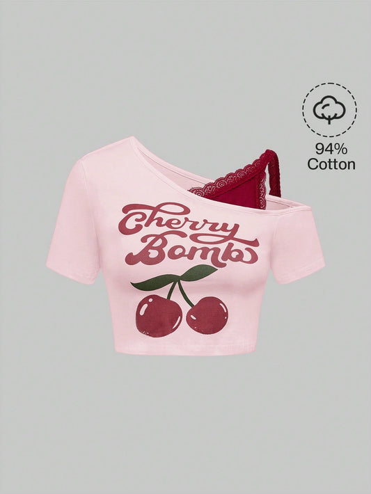 ROMWE Kawaii Camiseta linda 2 en 1 con cuello asimétrico y estampado de cerezas de encaje para mujer
