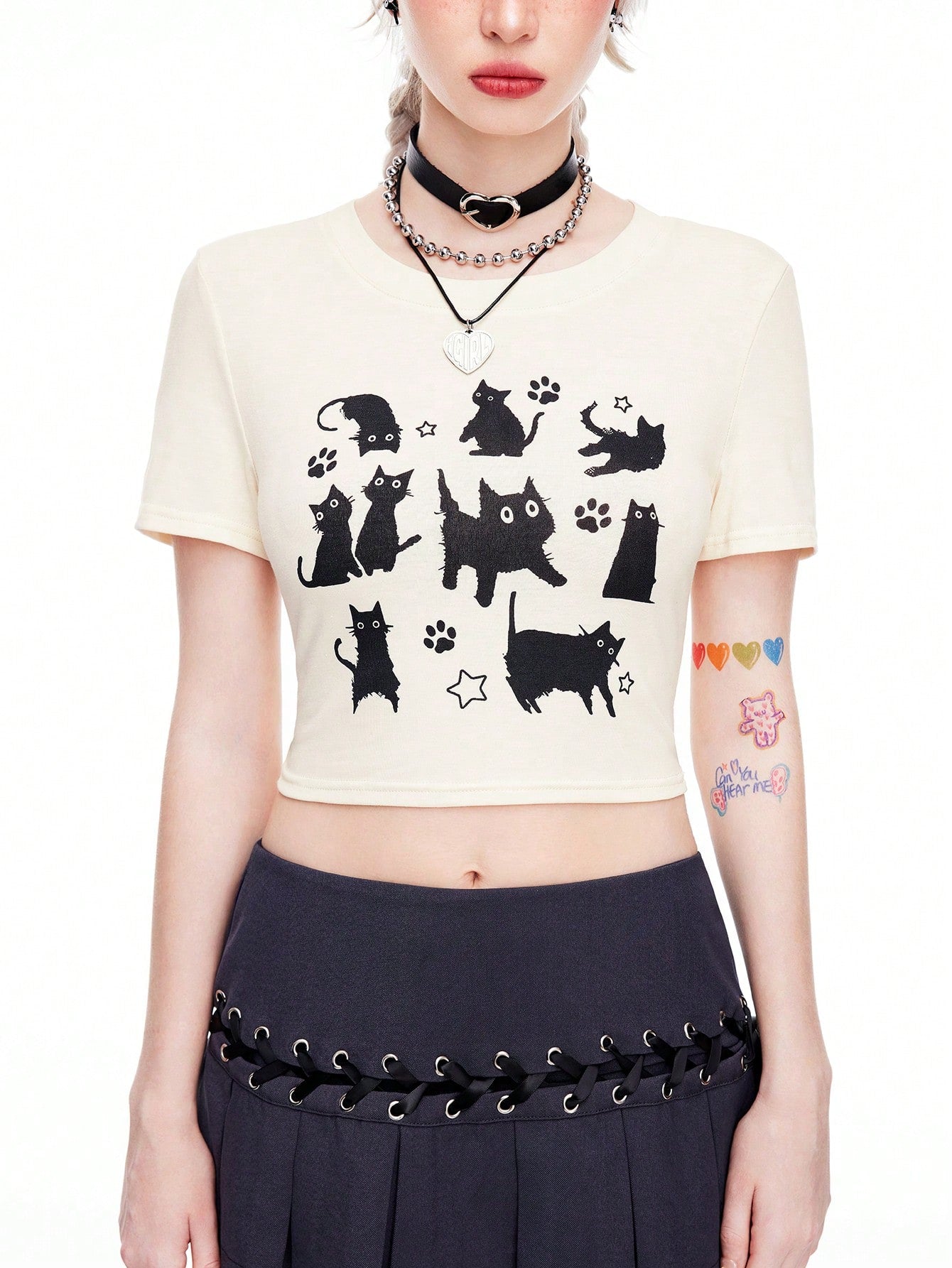 ROMWE Kawaii Camiseta recortada bonita con estampado de gato negro espeluznante para mujer