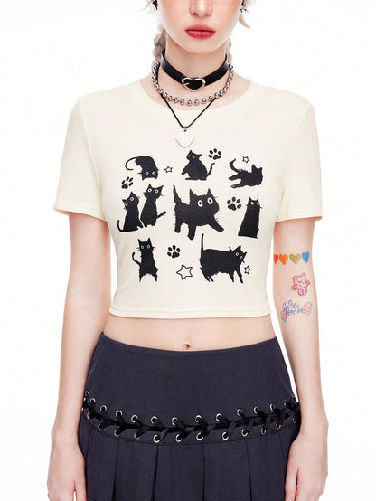 ROMWE Kawaii Camiseta recortada bonita con estampado de gato negro espeluznante para mujer