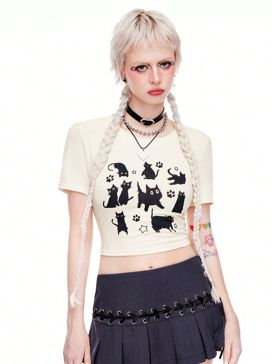 ROMWE Kawaii Camiseta recortada bonita con estampado de gato negro espeluznante para mujer